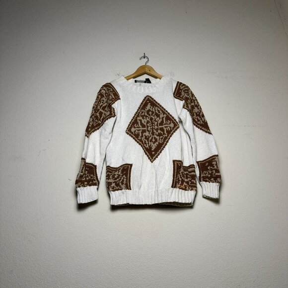 VTG Paul Harris Ramie Sweater Men M 90s White Abstract Argyle Design Classic - Picture 1 of 16